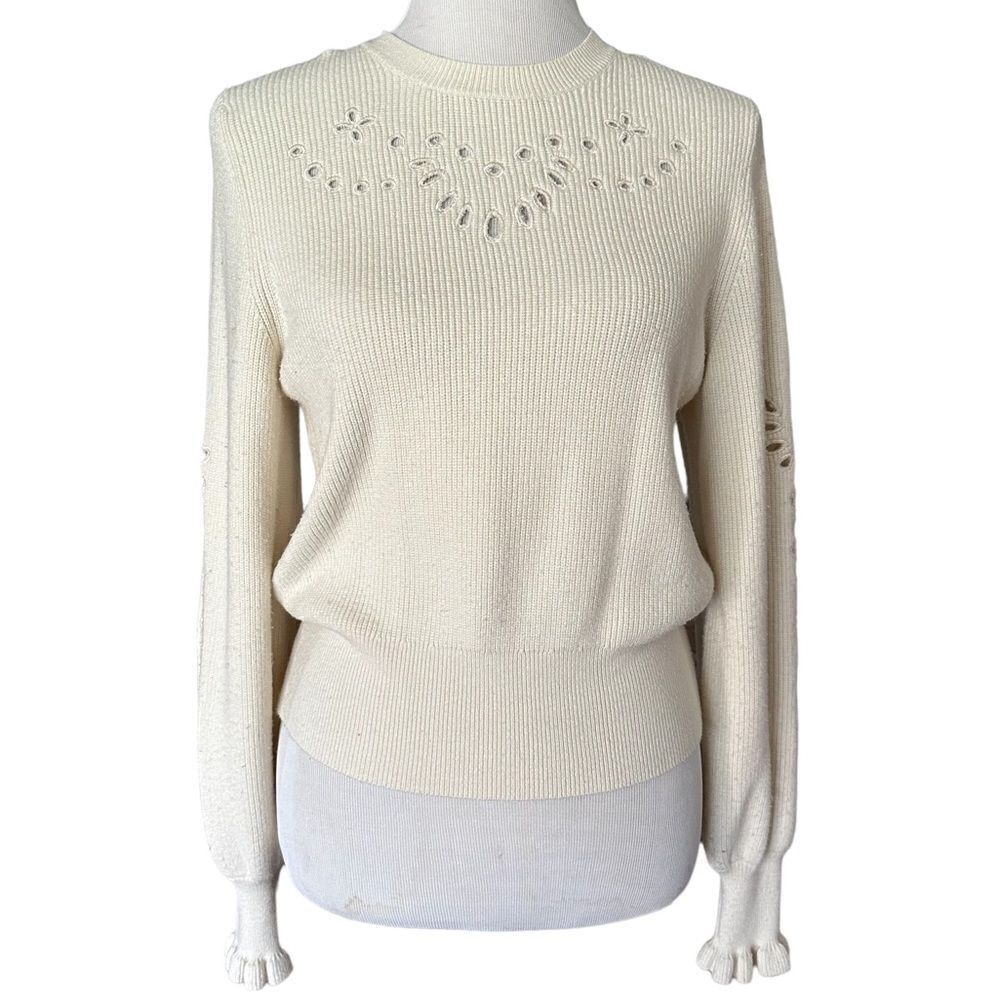 Anthropology Calligraphie Eyelet Cream Ruffled Long Sleeved Crew Neck Sweater